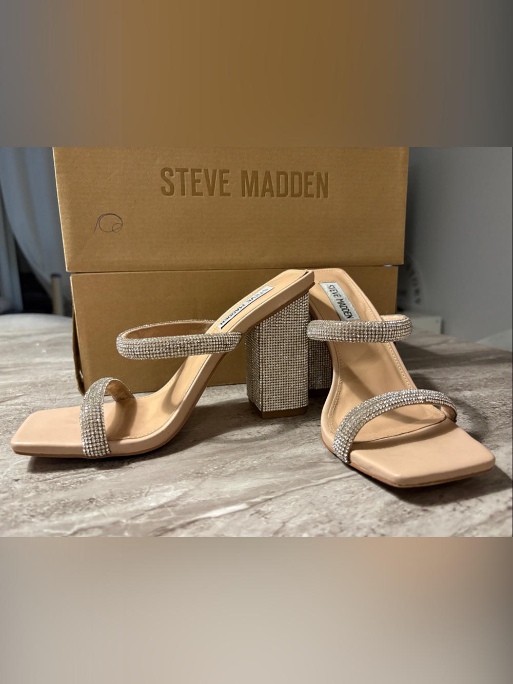 Steve Madden Nude Rhinestone Block Heel Sandals